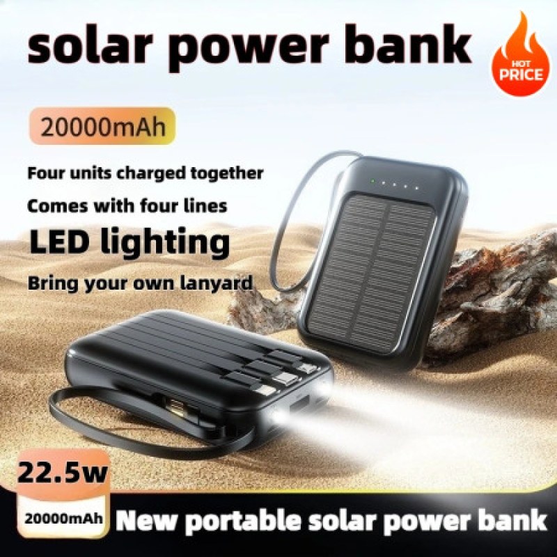 Portable Solar Power Bank 20000mAh with LED Light & Multi-Cable Support